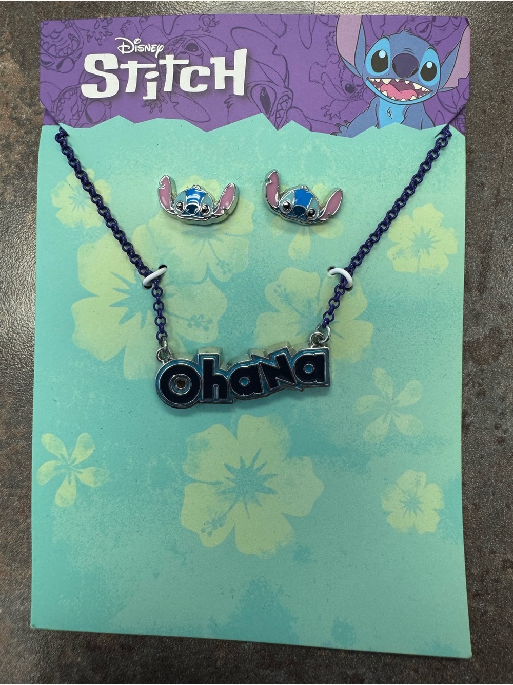 Disney Ohana Necklace and Stitch Stud Earrings — Blue and Silver